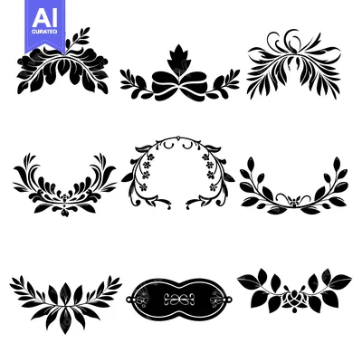 Premium design asset: Set of nine black and white floral decorative elements