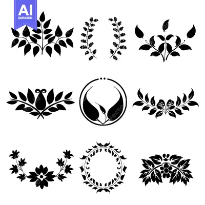 Aset desain premium: Set of Black Floral Designs with Leaves, Flowers, and Wreaths
