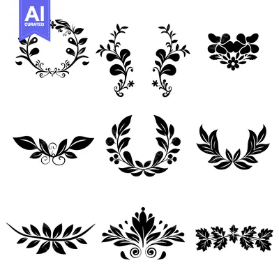 Aset premium populer: Set of Nine Black and White Floral Design Elements