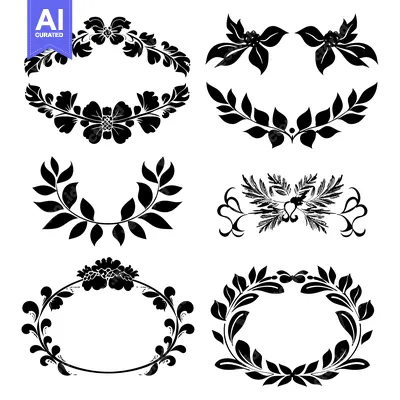 Premium design asset: Set of Six Black and White Floral Wreaths with Ornate Details