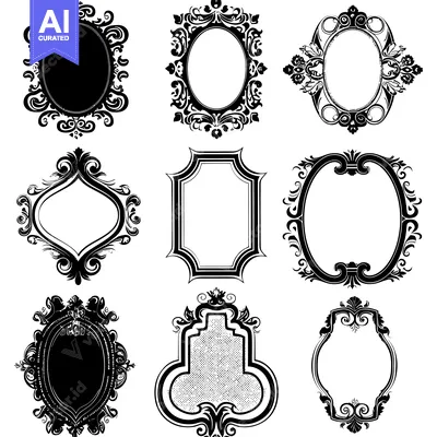 Aset desain premium: Nine Ornate Black and White Frames with Floral Designs