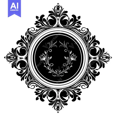 Aset desain premium: Ornate black and white floral frame with a circular center