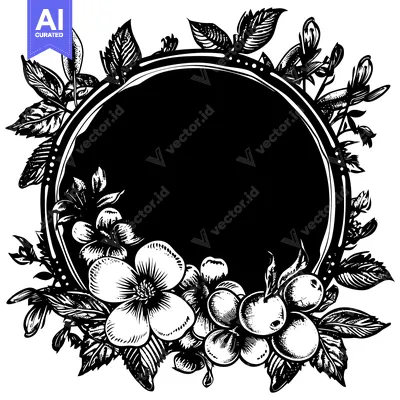 Premium design asset: Black and White Floral Frame with Circular Center