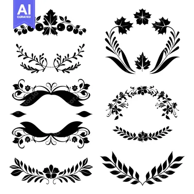 Set of Black and White Floral Decorative Elements
