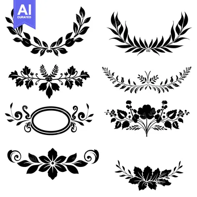 Aset desain premium: A Collection of Eight Black and White Floral Designs