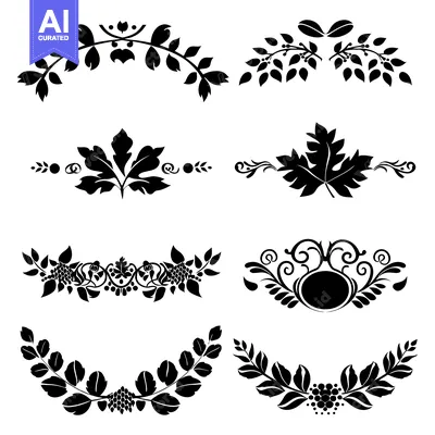 Aset desain premium: Six Black and White Floral Designs with Leaves and Berries