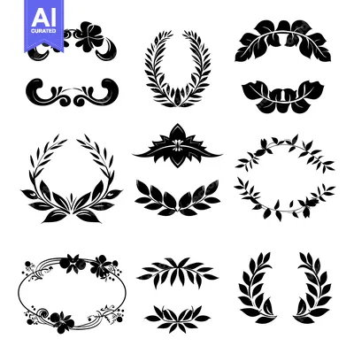 Aset desain premium: Set of Black and White Floral Wreaths and Ornaments
