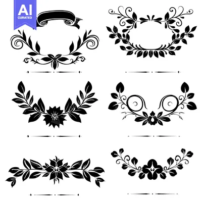 Aset premium populer: Black and White Floral Design Elements with Ribbon