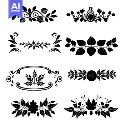 Aset premium populer: Six Black and White Floral Designs with Leaves and Swirls