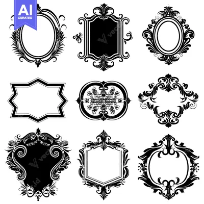Premium design asset: Nine Ornate Black And White Frames With Floral Designs