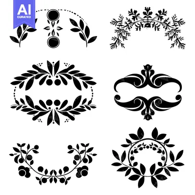 Aset premium populer: A Collection of Six Black and White Floral Design Elements