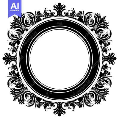 Premium design asset: Ornate Black and White Circular Frame with Floral Accents