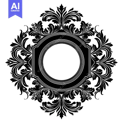 Aset desain premium: Black and White Ornate Floral Frame with Circular Center