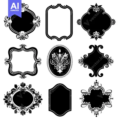 Aset premium populer: Collection of Nine Ornate Black and White Frames with Floral Accents