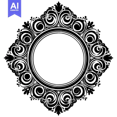 Aset desain premium: Ornate Black and White Circular Frame with Floral Detail