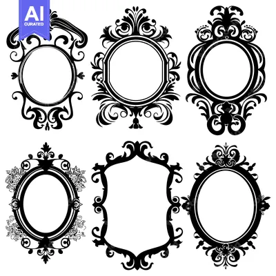 Aset premium populer: Six Ornate Black and White Frames with Detailed Floral Designs