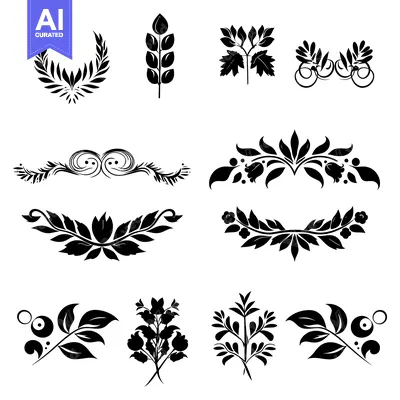 Aset desain premium: Collection of Black and White Floral Design Elements