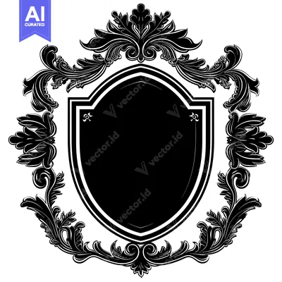 Premium design asset: Ornate Black and White Floral Shield Design