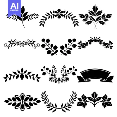 Aset desain premium: Set of 9 Black and White Floral Design Elements