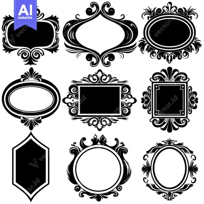 Aset premium populer: Nine Ornate Black and White Frames with Floral Designs