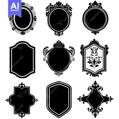 Aset desain premium: Nine Ornate Black and White Frames with Intricate Designs