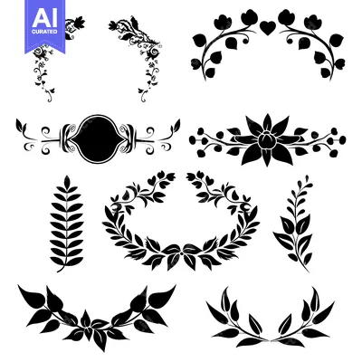 Aset desain premium: Collection of Black and White Floral Design Elements