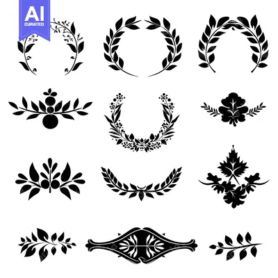 Aset desain premium: Set of Black Silhouette Floral Wreaths, Frames, and Dividers