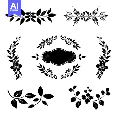 Aset desain premium: Set of six black and white floral designs with leaves and flowers