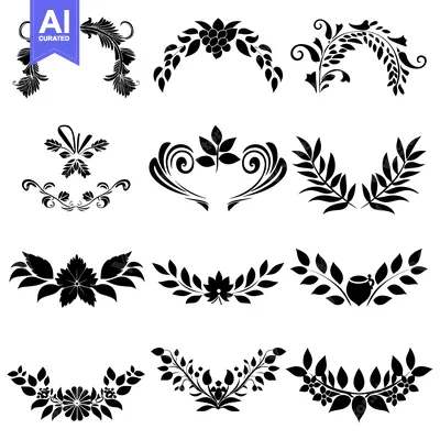 Aset desain premium: Set of Nine Black and White Floral Designs for Decoration
