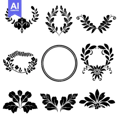 Premium design asset: Set of nine stylized black and white floral illustrations