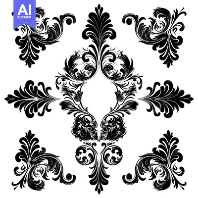 Aset desain premium: Black and White Floral Design Pattern with Curlicues