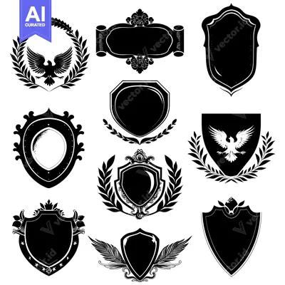 Aset premium populer: Collection of Ornate Black and White Shields with Eagles and Laurels