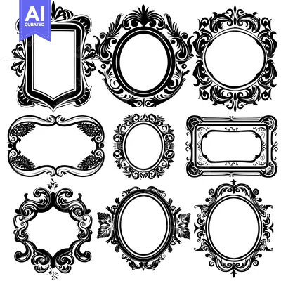 Aset desain premium: Collection of Ornate Black and White Frames