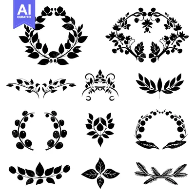 Aset desain premium: Collection of Black and White Floral Designs with Leaves and Berries