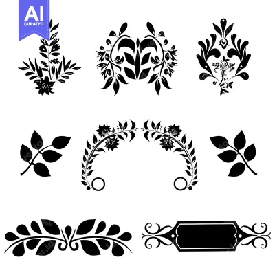 Aset desain premium: A set of six black and white floral design elements