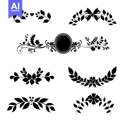 Aset desain premium: Set of Six Black Floral and Leaf Decorative Elements