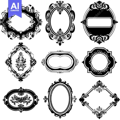 Aset desain premium: A Collection of Nine Ornate Black and White Frames