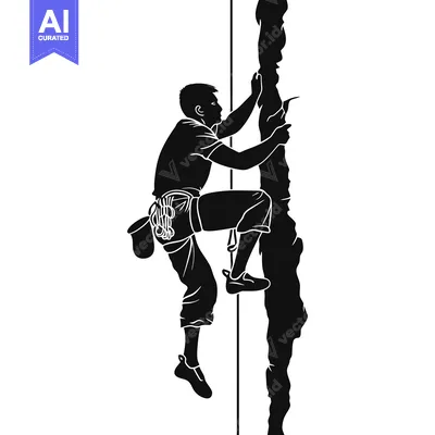 Aset desain premium: Silhouette of a Rock Climber Ascending a Vertical Cliff Face
