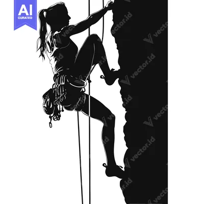 Aset premium populer: Silhouette of a Female Rock Climber Ascending a Cliff Face