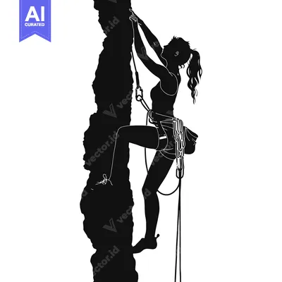 Aset desain premium: Silhouette of a Female Rock Climber Ascending a Cliff Face