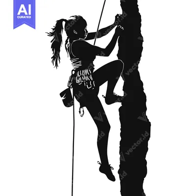 Aset premium populer: Silhouette of a female rock climber ascending a steep cliff face.