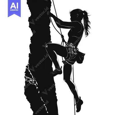 Aset premium populer: Silhouette of a Female Rock Climber Ascending a Steep Cliff Face