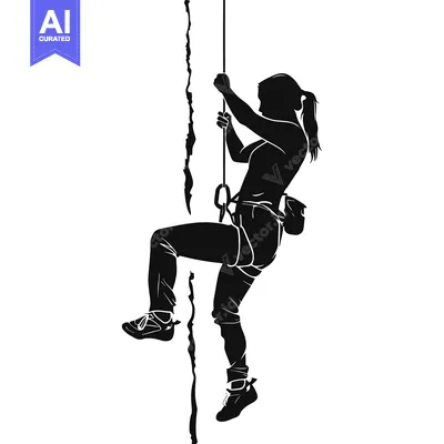 Silhouette of a woman rock climbing with ropes and a harness