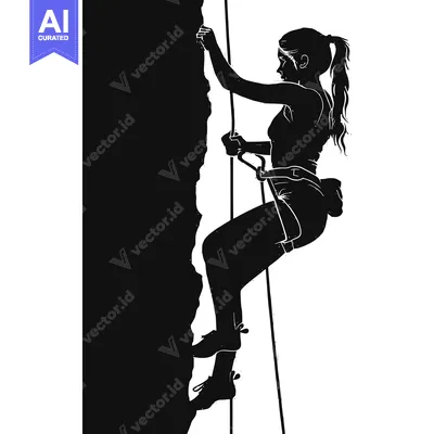 Aset desain premium: Silhouette of a Woman Rock Climbing with Rope and Harness