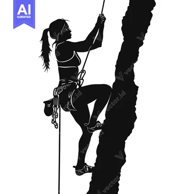 Silhouette of a Female Rock Climber Ascending a Steep Cliff Face
