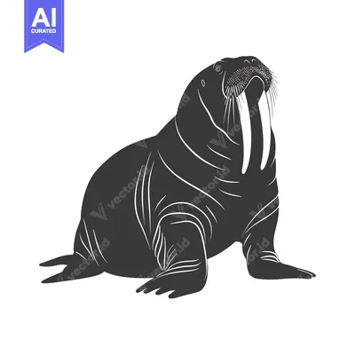 Black and White Silhouette of a Walrus with Long Tusks
