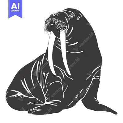 Aset premium populer: A black and white silhouette of a walrus with large tusks