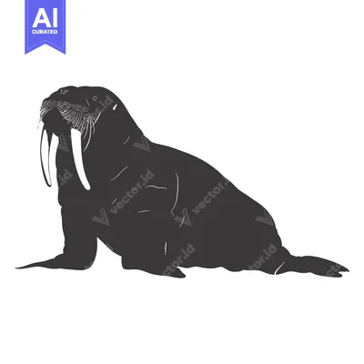 Aset desain premium: A Black and White Silhouette of a Walrus with Long Tusk