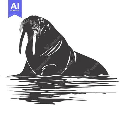 Aset desain premium: Silhouette of a Walrus with Large Tusk Emerging from Water