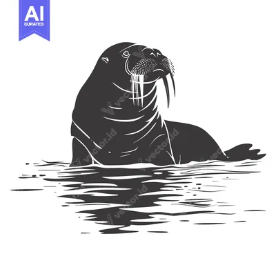 Aset desain premium: Silhouette of a walrus with prominent tusks swimming in water
